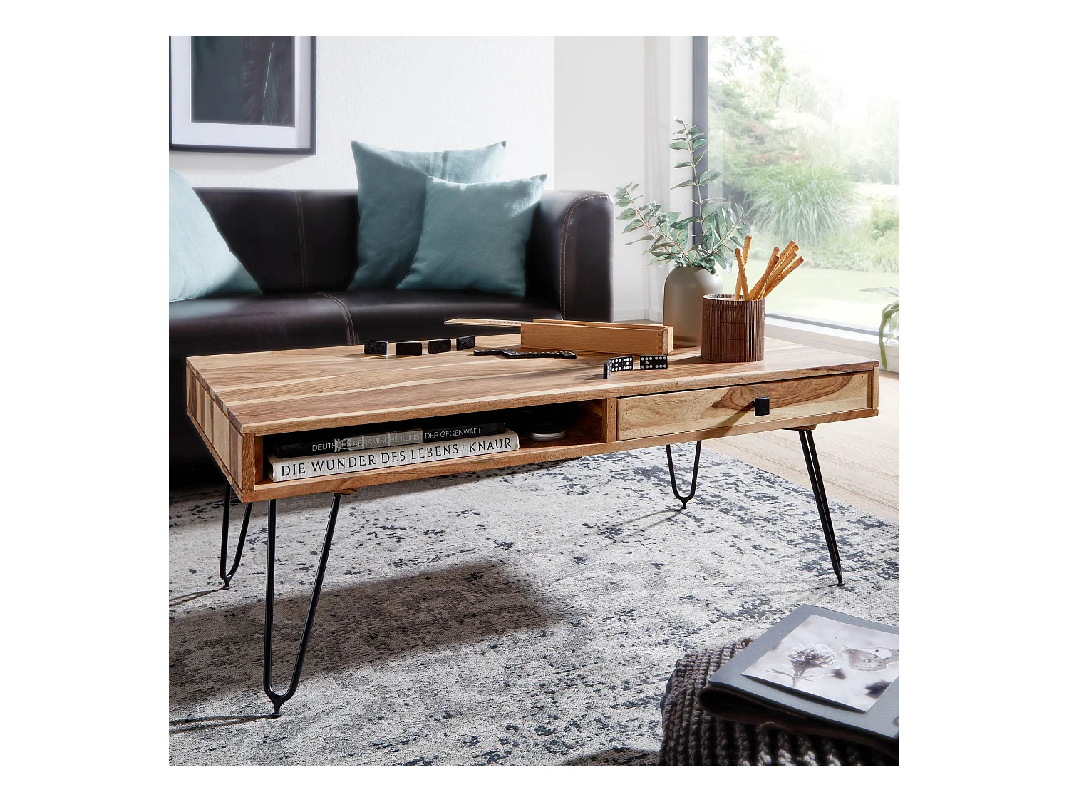 Massiver Couchtisch HARLEM 110 x 60 cm Schublade Wohnzimmertisch Holztisch Tisch