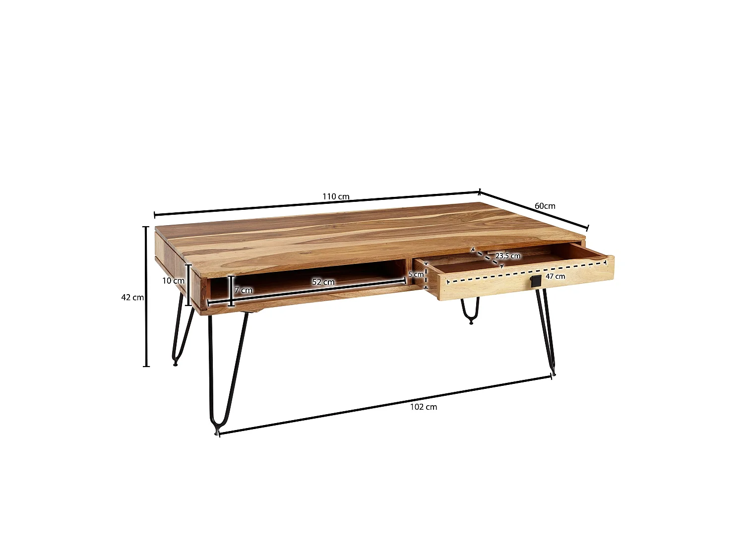 Massiver Couchtisch HARLEM 110 x 60 cm Schublade Wohnzimmertisch Holztisch Tisch
