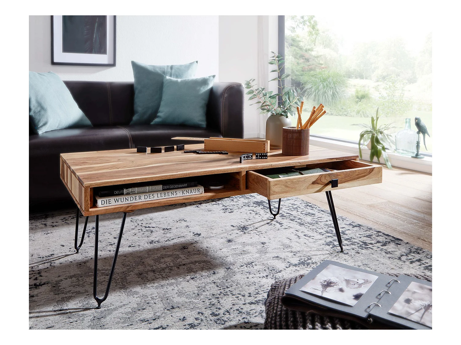 Massiver Couchtisch HARLEM 110 x 60 cm Schublade Wohnzimmertisch Holztisch Tisch