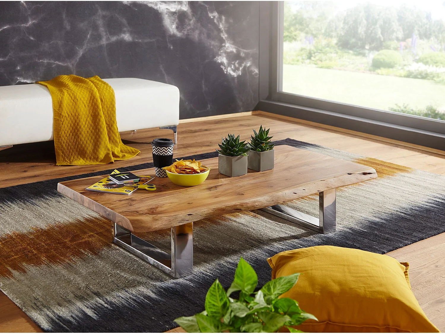 Couchtisch Akazie Wohnzimmertisch Holz Massiv Sofatisch Baumkante Groß