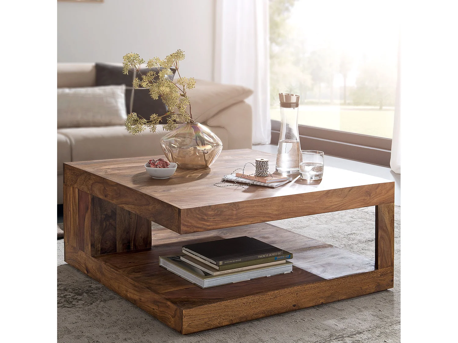 Table Basse de Salon 90 cm Bois Massif Sheesham Carrée avec Étagère