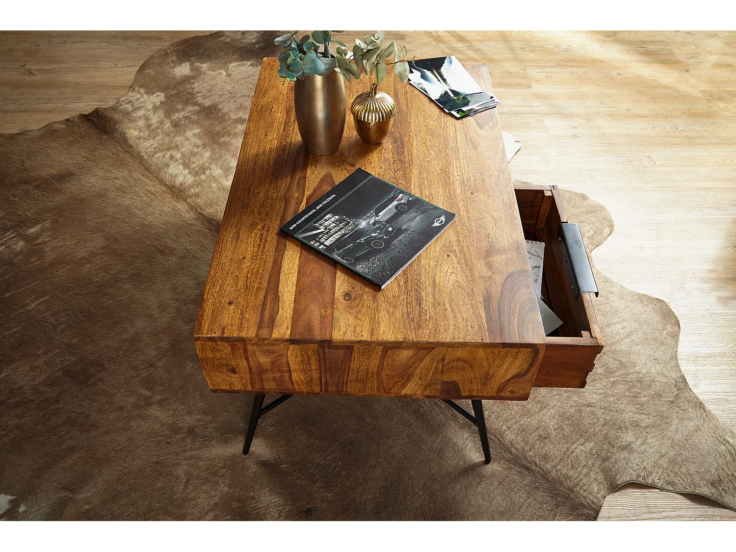 Couchtisch NISHAN Massiv Holz Holztisch Wohnzimmertisch Metallbeine