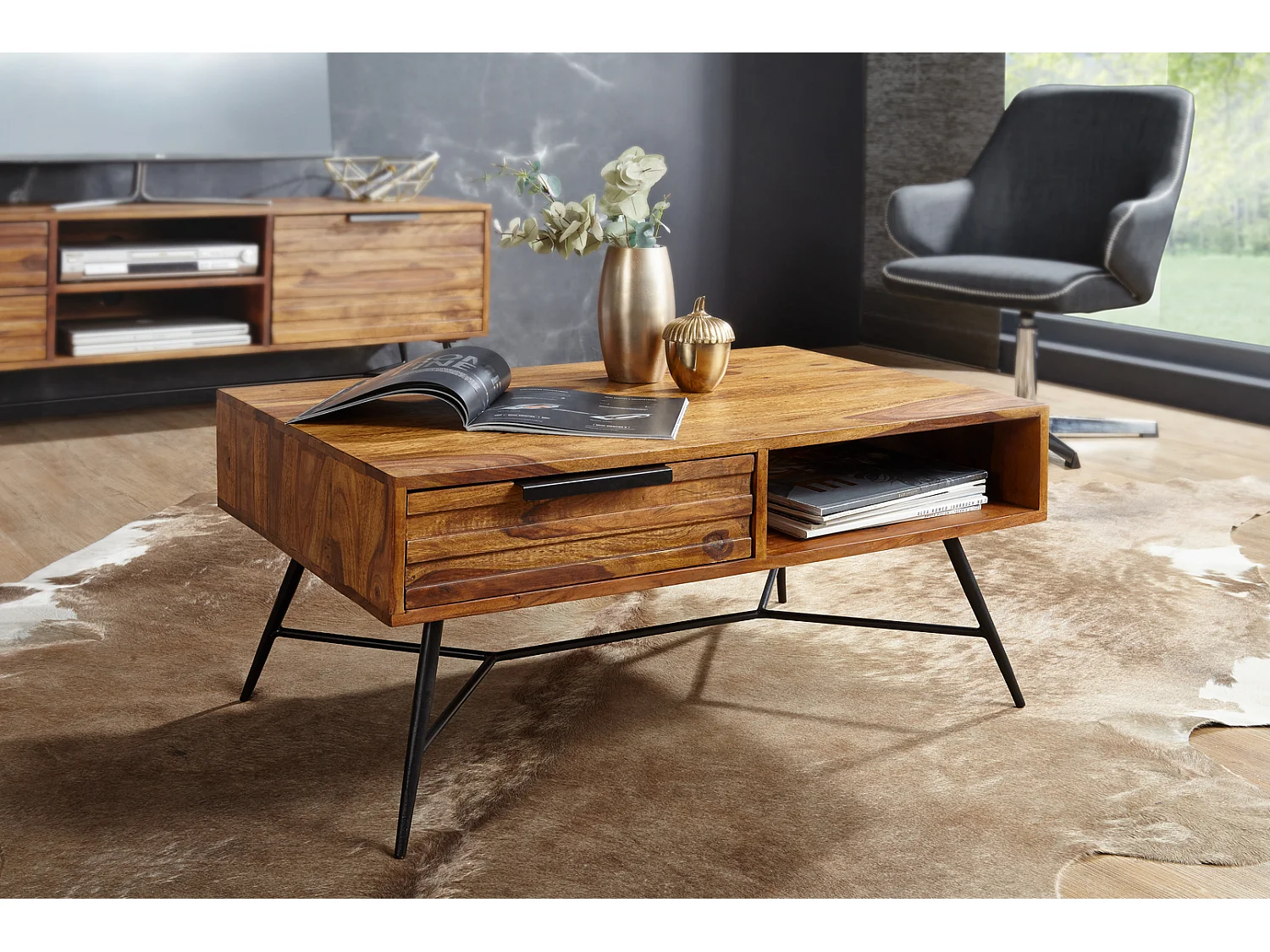 Couchtisch NISHAN Massiv Holz Holztisch Wohnzimmertisch Metallbeine