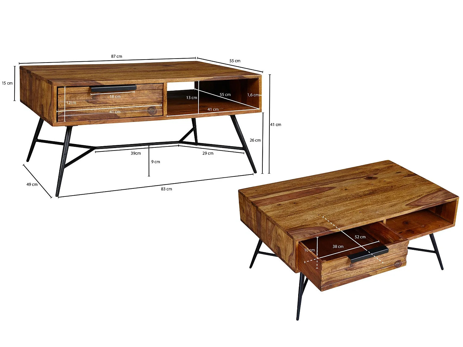 Couchtisch NISHAN Massiv Holz Holztisch Wohnzimmertisch Metallbeine