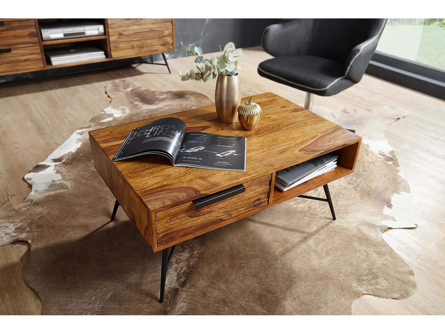 Couchtisch NISHAN Massiv Holz Holztisch Wohnzimmertisch Metallbeine