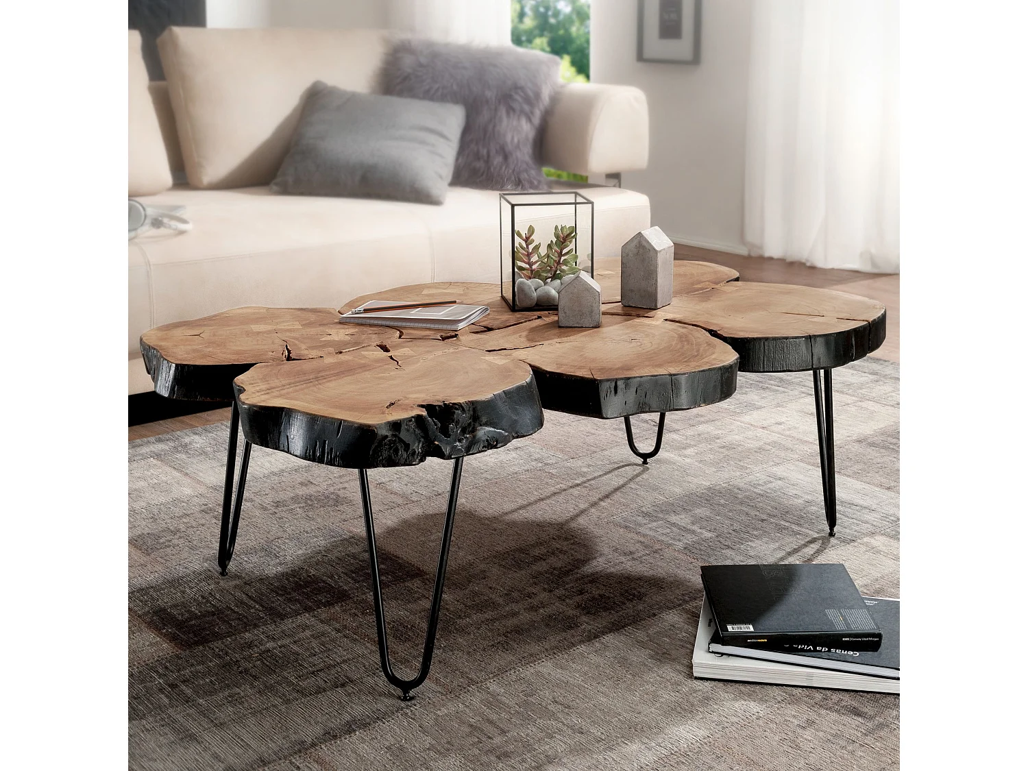 Table Basse de Salon 115 cm Bois Massif Tranche de Bois Rectangulaire