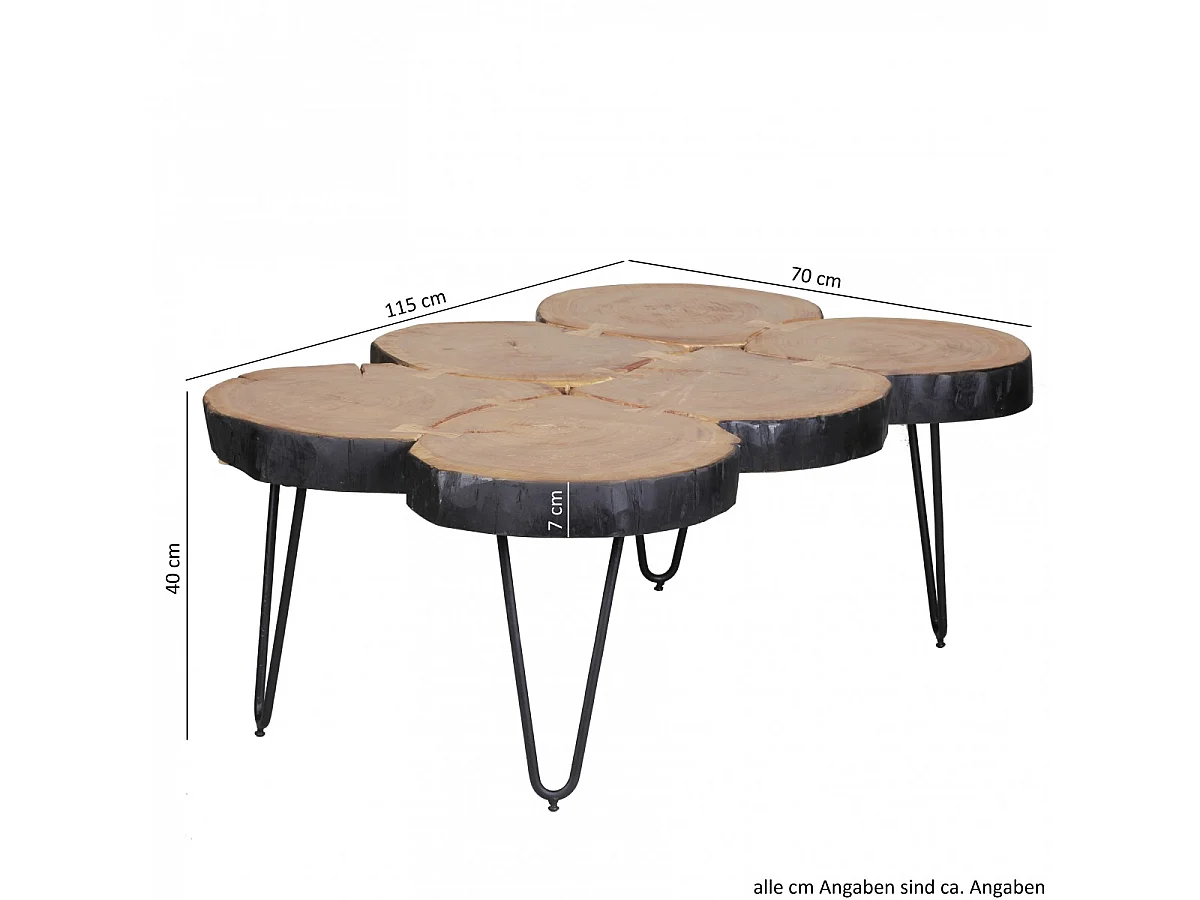 Table Basse de Salon 115 cm Bois Massif Tranche de Bois Rectangulaire