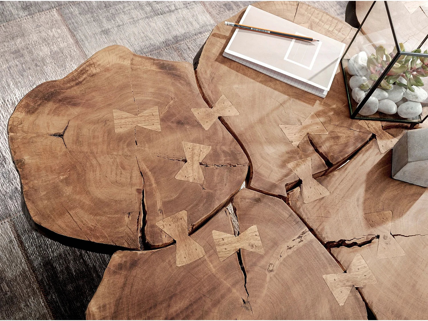 Table Basse de Salon 115 cm Bois Massif Tranche de Bois Rectangulaire