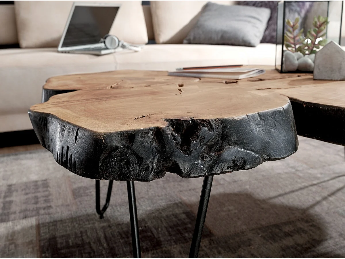 Table Basse de Salon 115 cm Bois Massif Tranche de Bois Rectangulaire