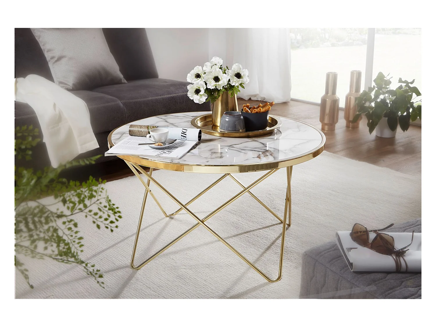 Design Couchtisch Marmor Optik Weiß Ø 85 cm Gold Wohnzimmertisch Rund