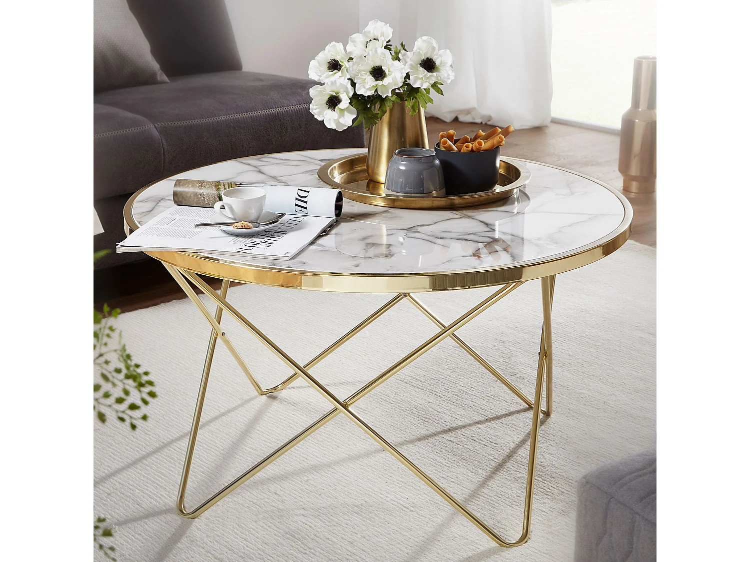 Design Couchtisch Marmor Optik Weiß Ø 85 cm Gold Wohnzimmertisch Rund