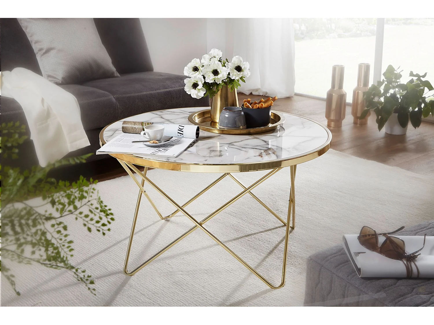 Design Couchtisch Marmor Optik Weiß Ø 85 cm Gold Wohnzimmertisch Rund