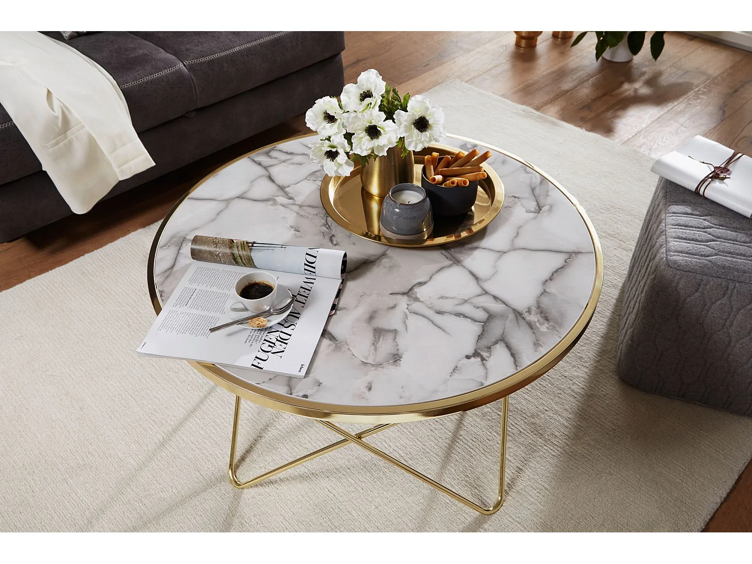 Design Couchtisch Marmor Optik Weiß Ø 85 cm Gold Wohnzimmertisch Rund