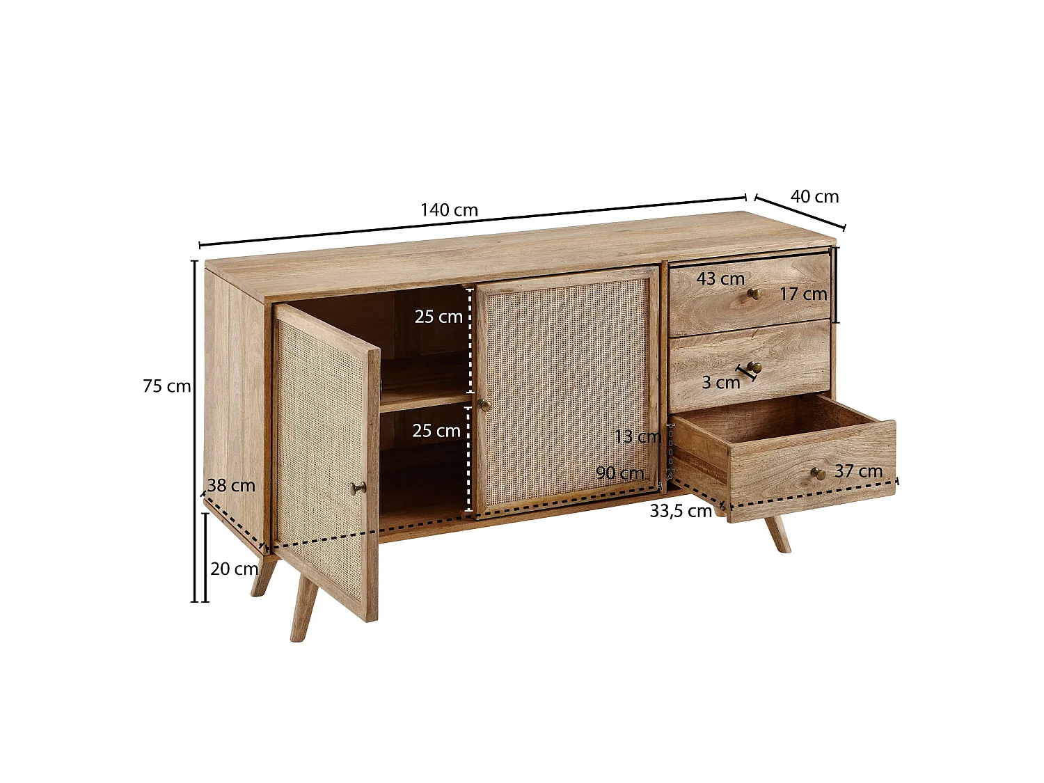 Design Sideboard 140x75x40 cm Massivholz Rattan Anrichte Kommodenschrank