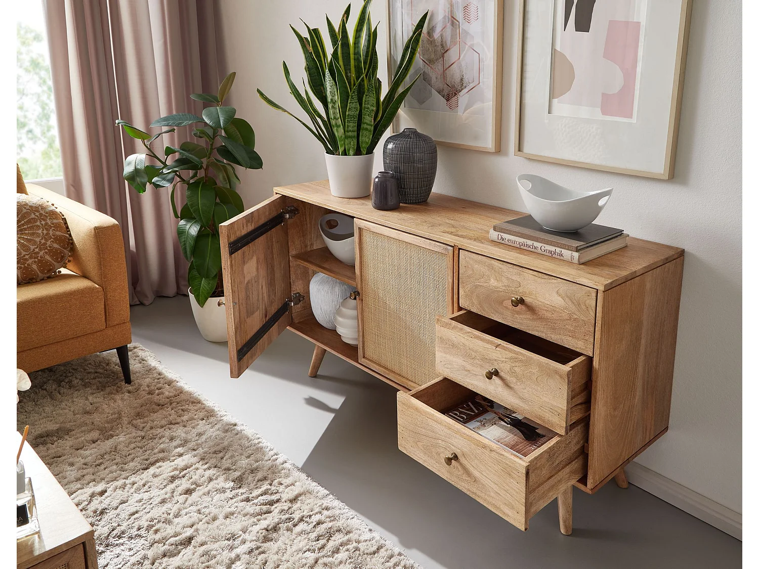Design Sideboard 140x75x40 cm Massivholz Rattan Anrichte Kommodenschrank