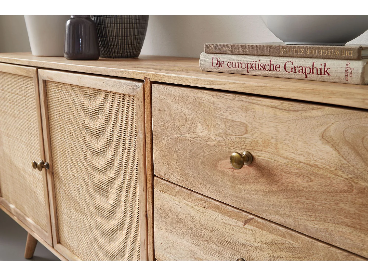 Design Sideboard 140x75x40 cm Massivholz Rattan Anrichte Kommodenschrank
