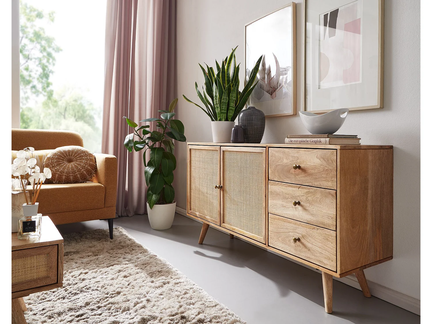 Buffet 140 cm Bois Massif Manguier Commode Tiroirs Armoire Moderne Rotin