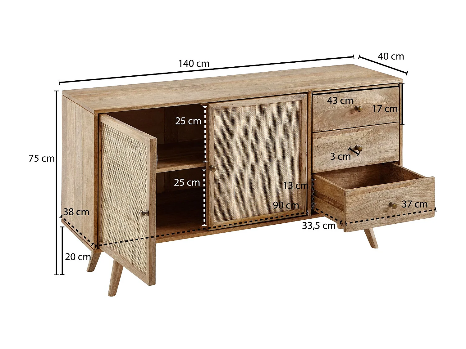 Buffet 140 cm Bois Massif Manguier Commode Tiroirs Armoire Moderne Rotin