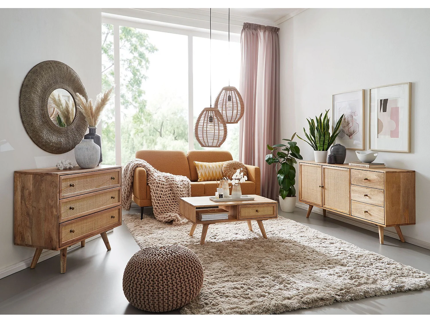 Buffet 140 cm Bois Massif Manguier Commode Tiroirs Armoire Moderne Rotin