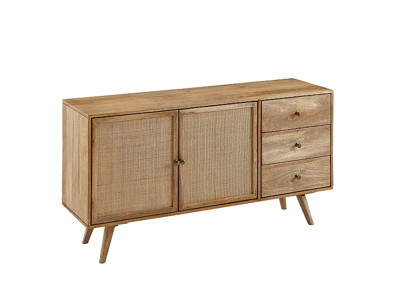 Design Sideboard 140x75x40 cm Massivholz Rattan Anrichte Kommodenschrank