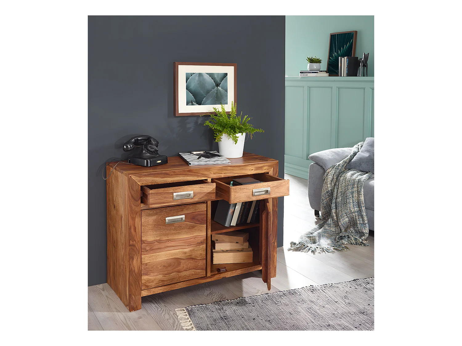 Sideboard Sheesham Kommode 90 x 40 x 70 cm Massiv Holz Anrichte Türen