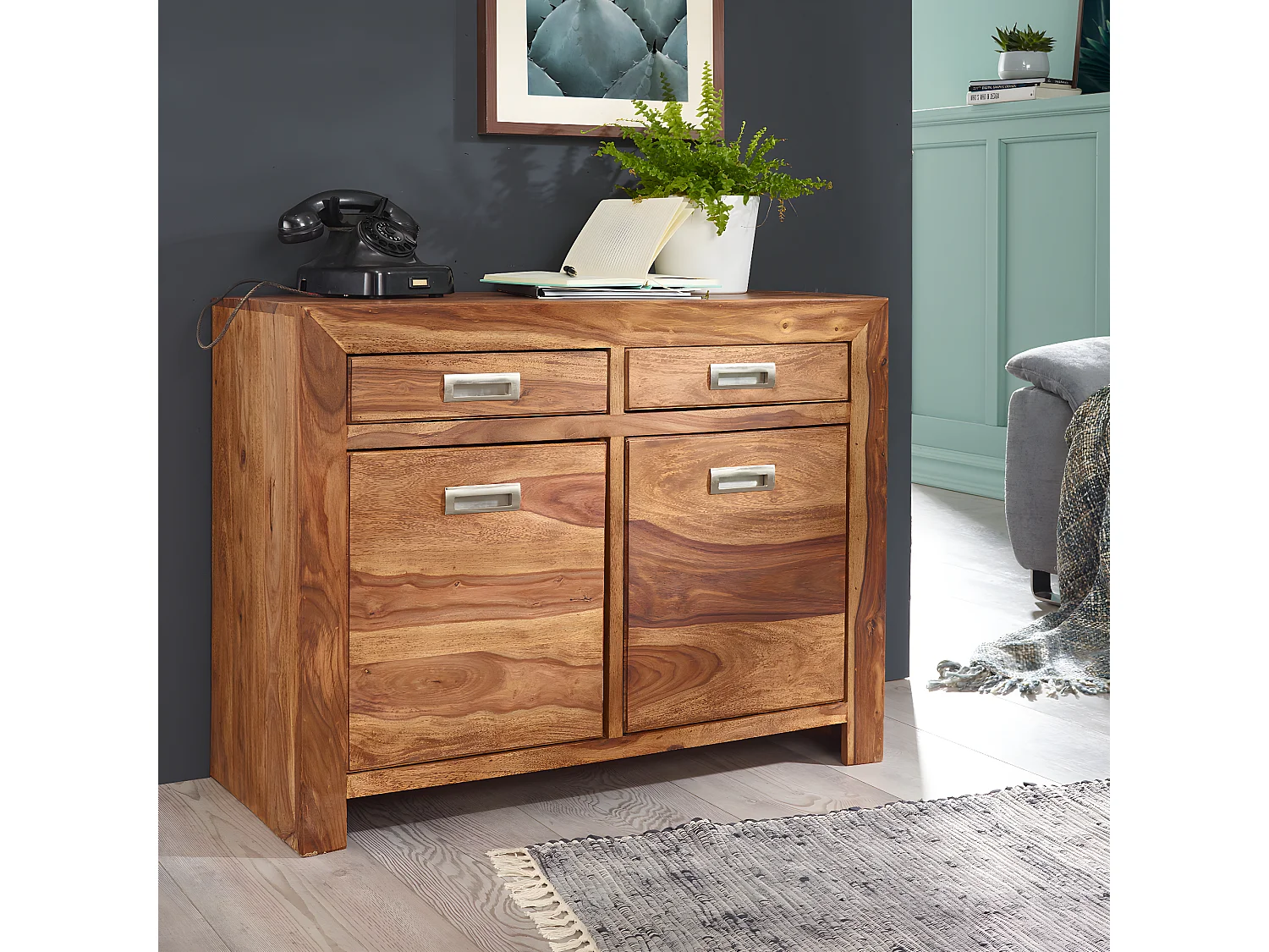 Sideboard Sheesham Kommode 90 x 40 x 70 cm Massiv Holz Anrichte Türen