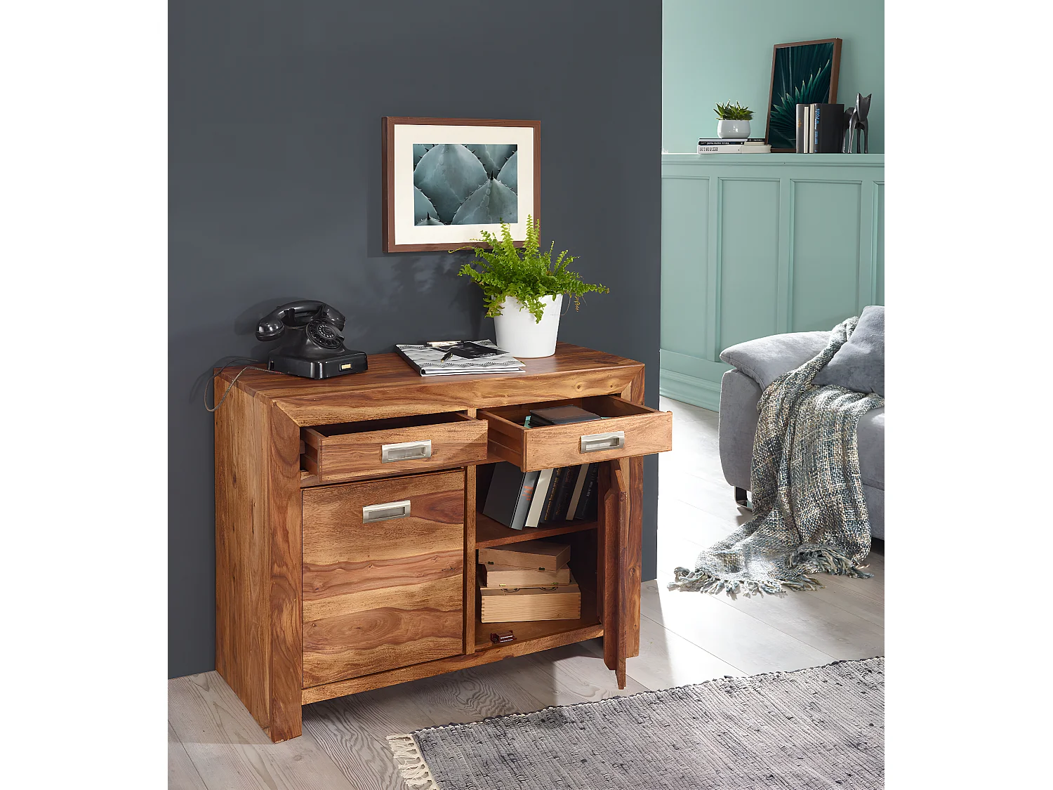 Sideboard Sheesham Kommode 90 x 40 x 70 cm Massiv Holz Anrichte Türen