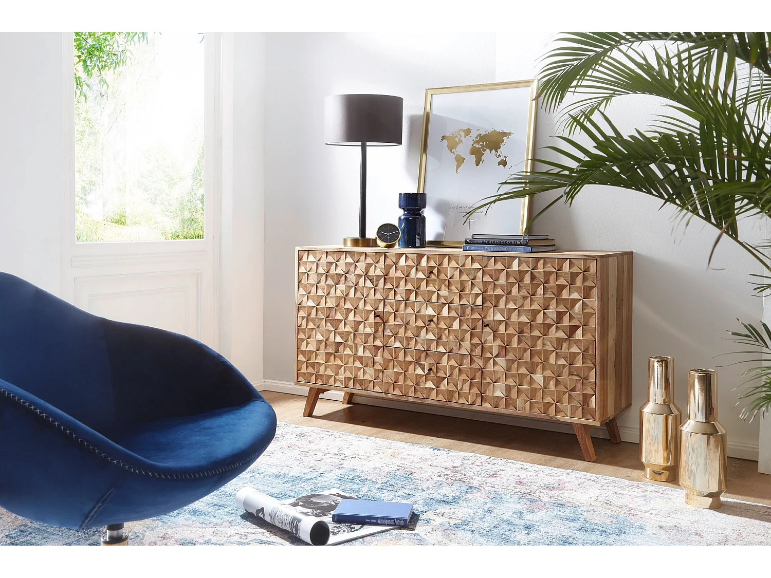 Sideboard 140 cm Anrichte Akazie Kommode Schrank Massiv Holz Braun