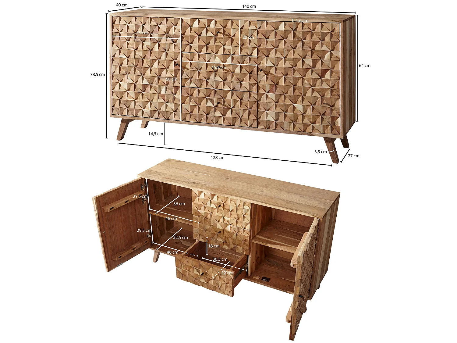 Sideboard 140 cm Anrichte Akazie Kommode Schrank Massiv Holz Braun