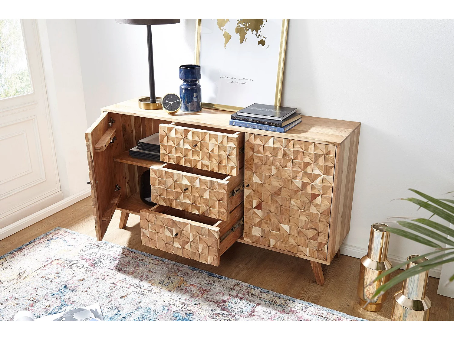 Sideboard 140 cm Anrichte Akazie Kommode Schrank Massiv Holz Braun