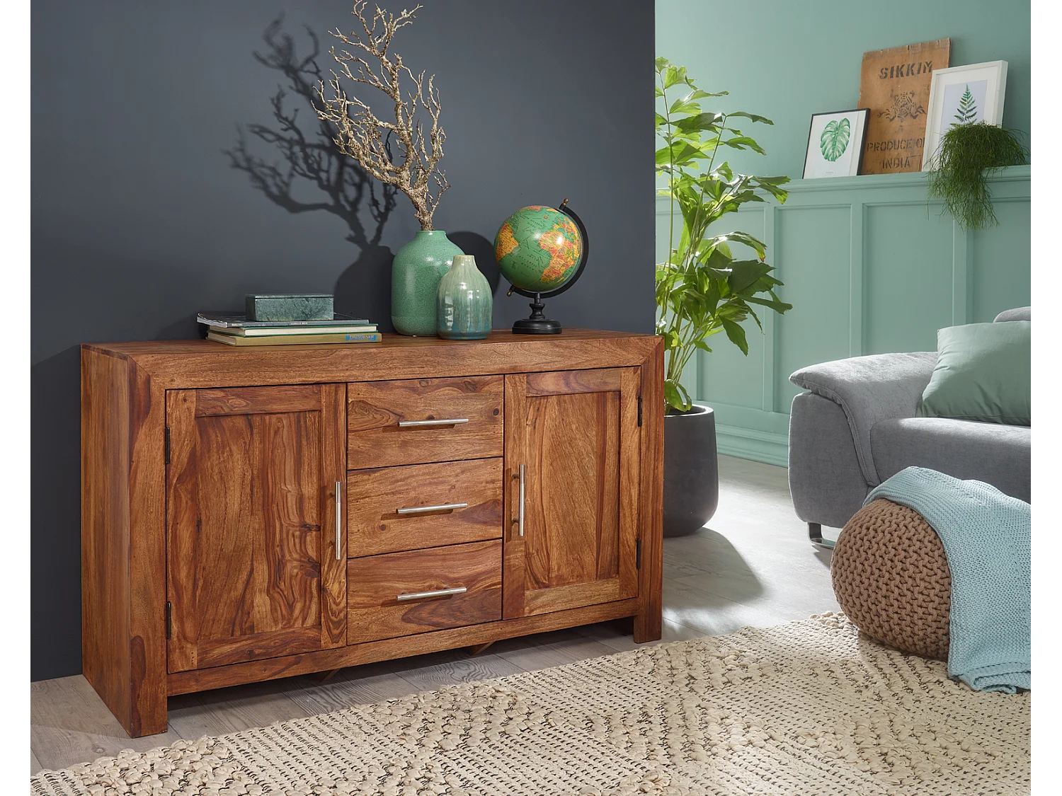 Sheesham Massiv Sideboard 118,5 x 40 cm Massivholz Kommode Anrichte Neu