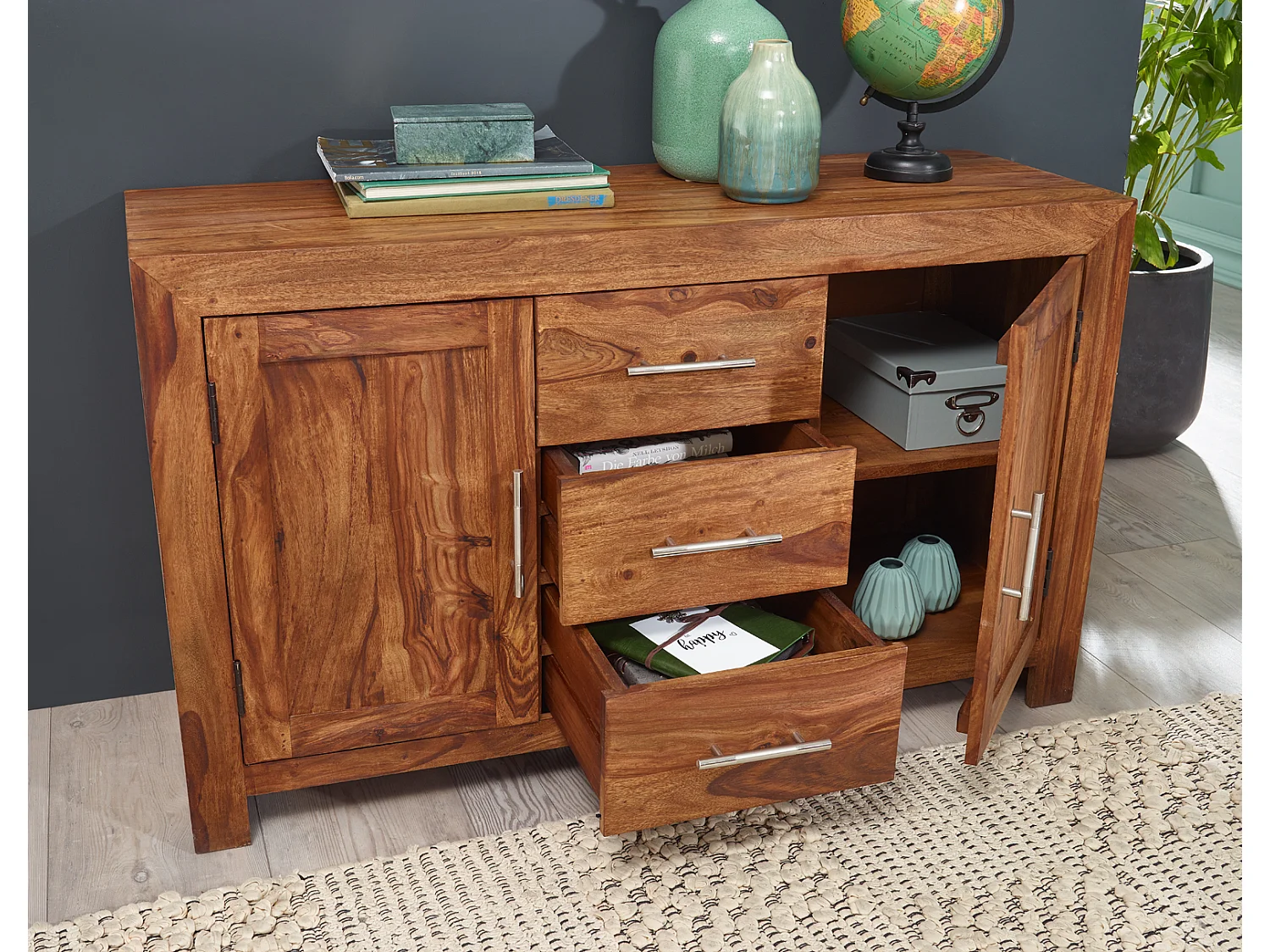 Sheesham Massiv Sideboard 118,5 x 40 cm Massivholz Kommode Anrichte Neu