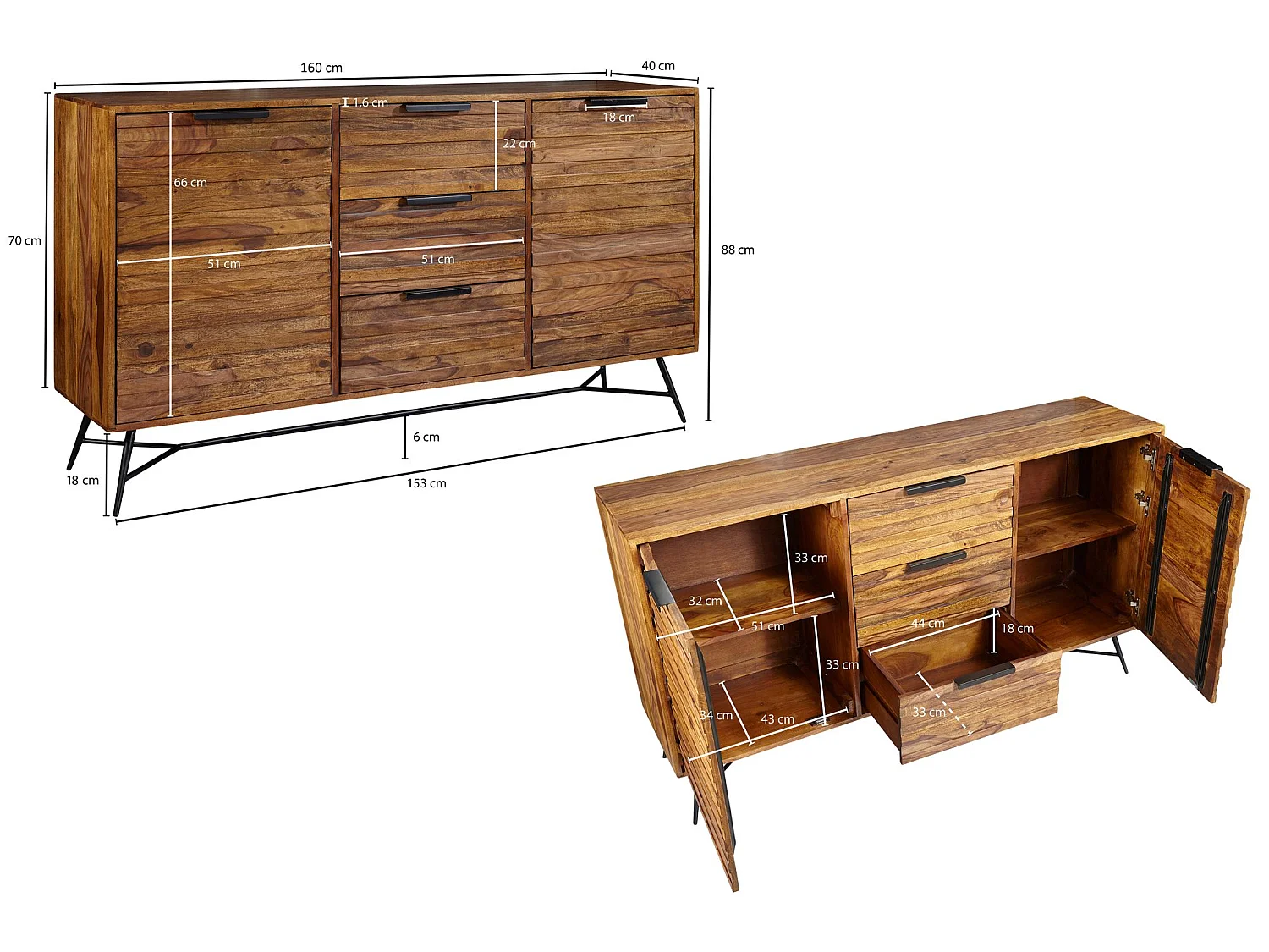 Sideboard 160 cm Kommode Türen & Schubladen Anrichte Massivholz Schrank