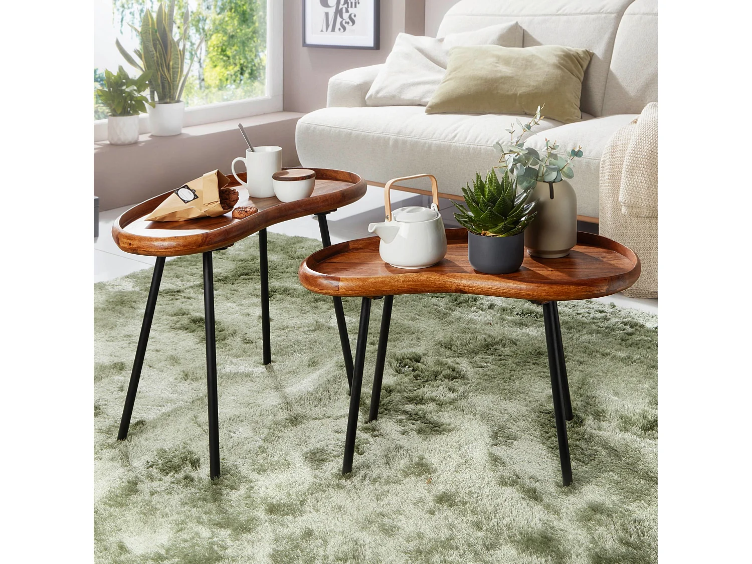 Couchtisch 2-teilig Massivholz Satztische Wohnzimmertisch Nierentisch Holz-Tisch