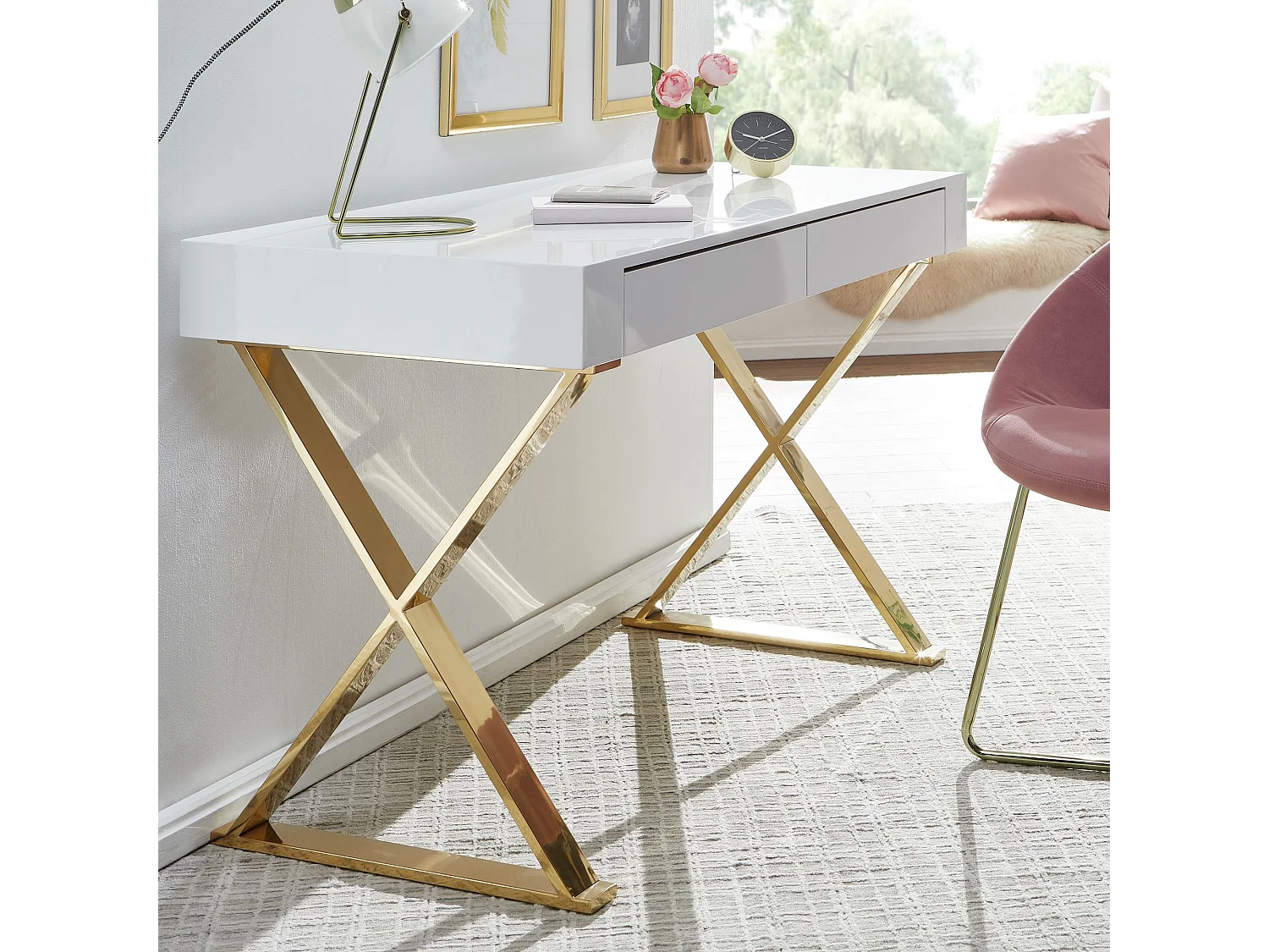 Schreibtisch Hochglanz Weiß Gold 118 cm Holz Computertisch Tisch Büro