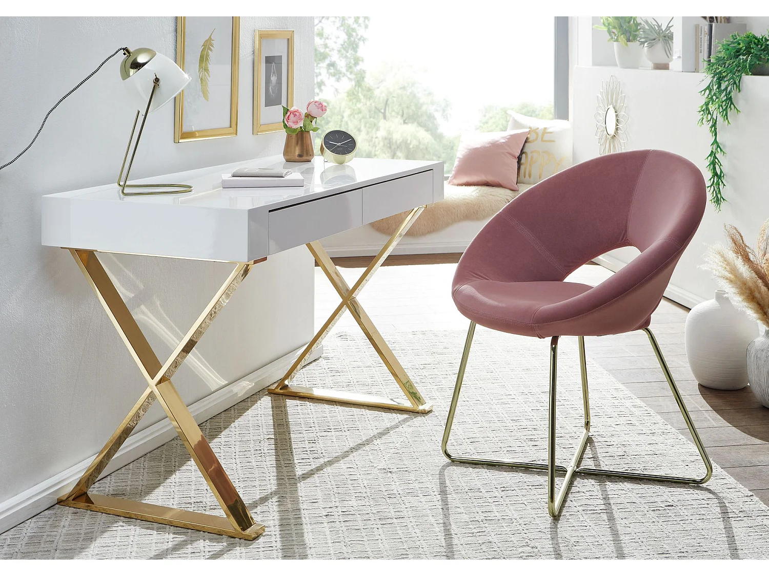 Schreibtisch Hochglanz Weiß Gold 118 cm Holz Computertisch Tisch Büro