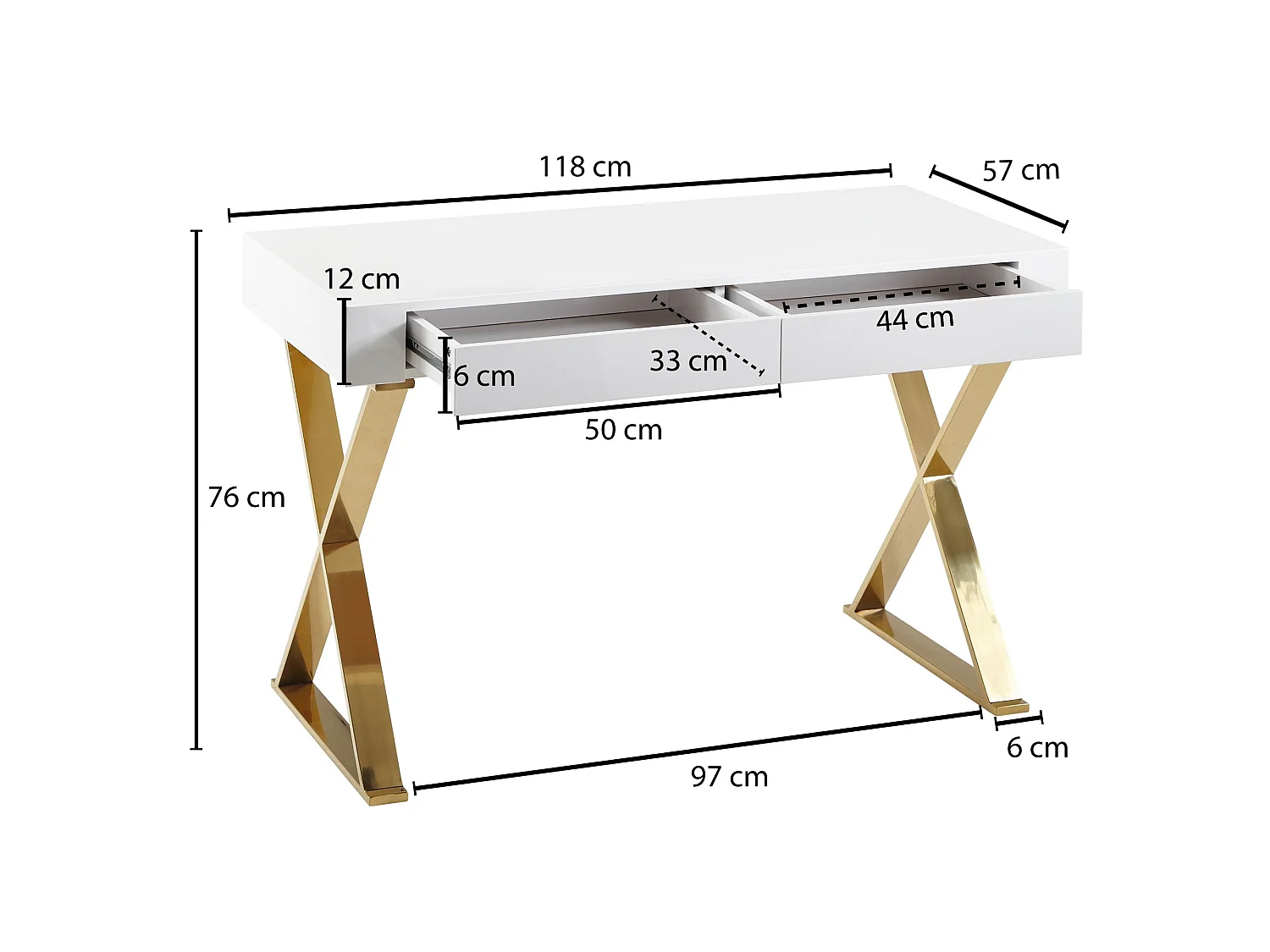 Schreibtisch Hochglanz Weiß Gold 118 cm Holz Computertisch Tisch Büro