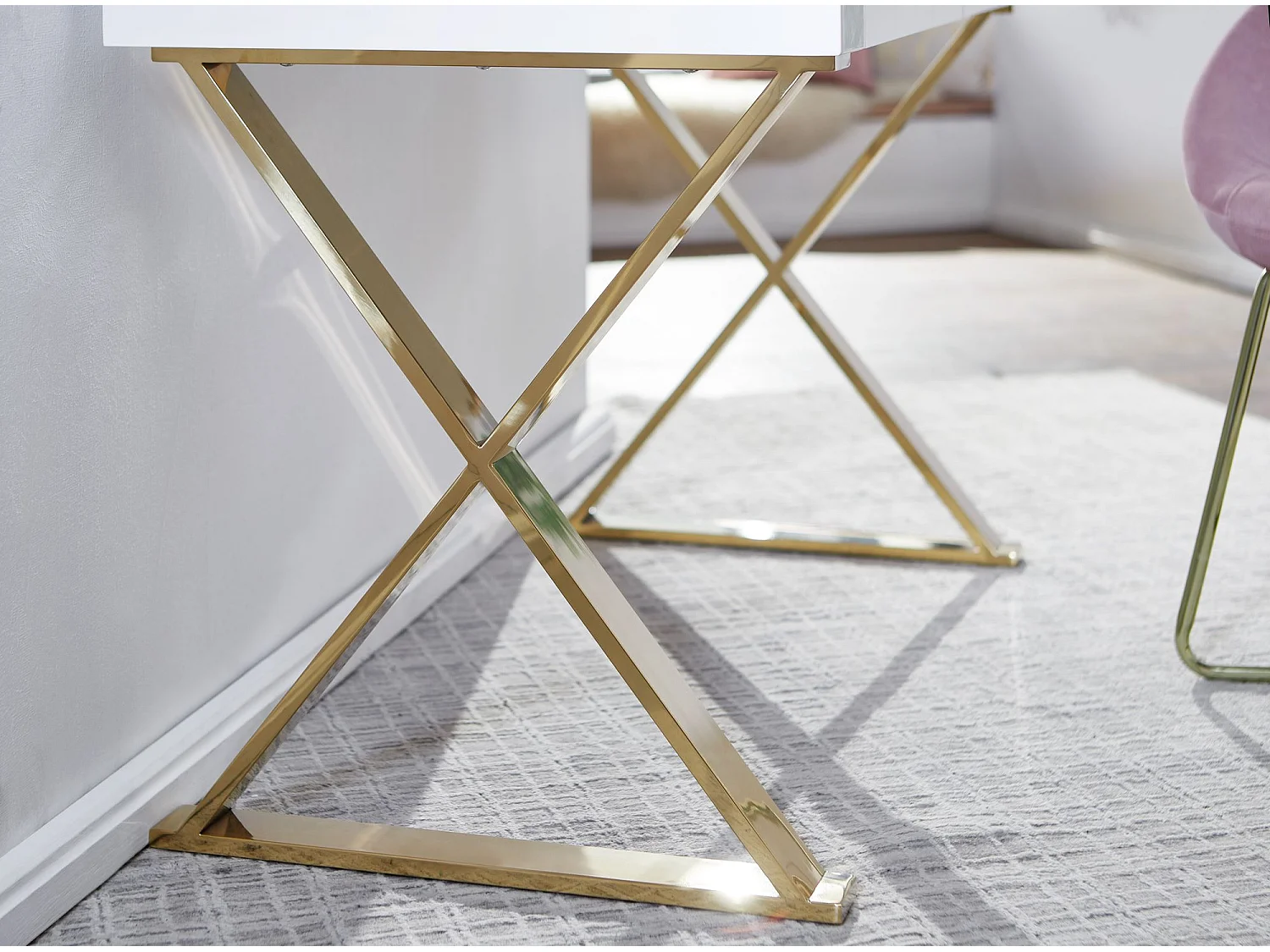 Schreibtisch Hochglanz Weiß Gold 118 cm Holz Computertisch Tisch Büro