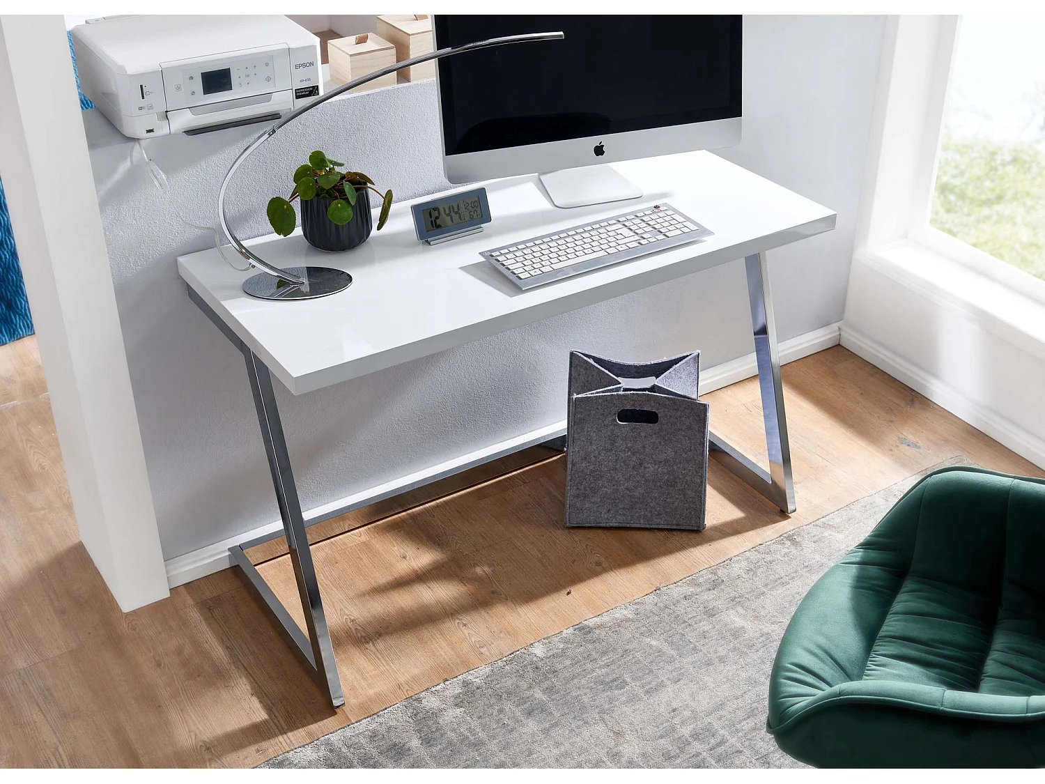 Schreibtisch  Computertisch Hochglanz Weiß 120 cm Tisch Büro Metall