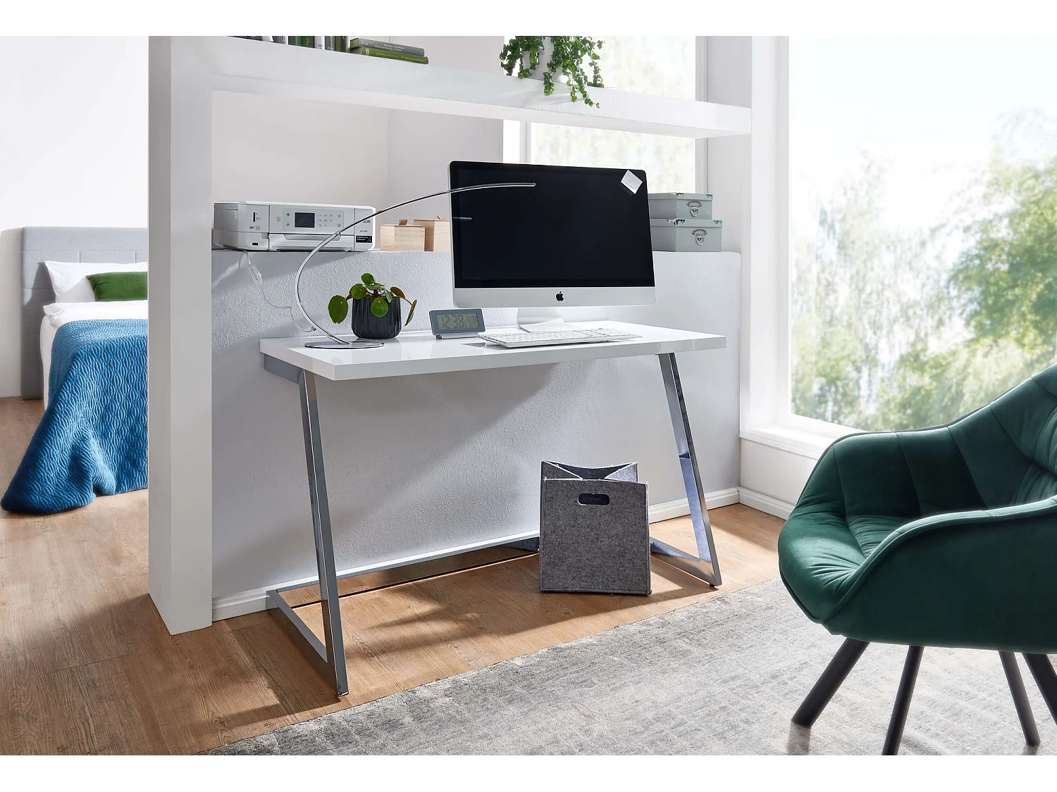 Schreibtisch  Computertisch Hochglanz Weiß 120 cm Tisch Büro Metall