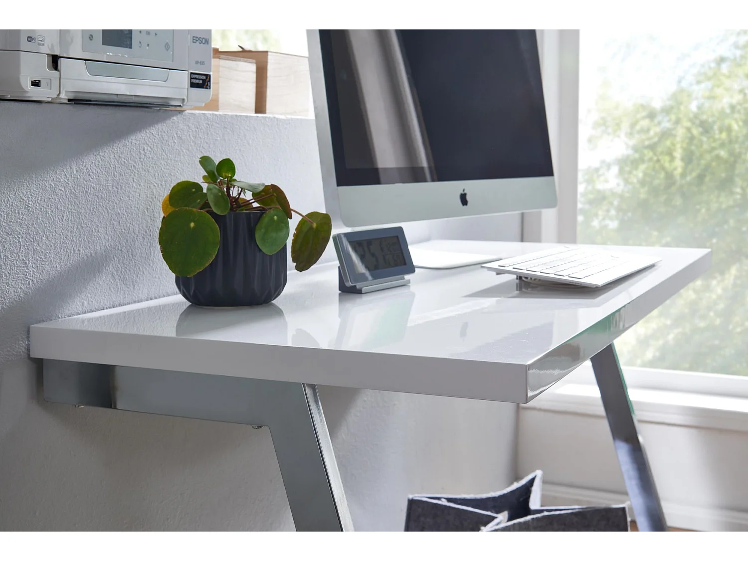 Schreibtisch  Computertisch Hochglanz Weiß 120 cm Tisch Büro Metall