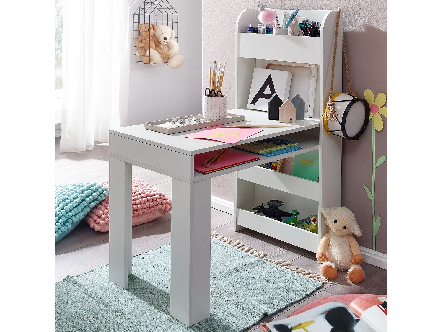 Kinderschreibtisch  Weiß 90x50x110 cm Schülerschreibtisch Tisch mit Regal