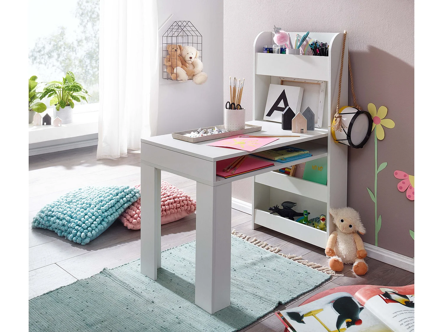 Kinderschreibtisch  Weiß 90x50x110 cm Schülerschreibtisch Tisch mit Regal