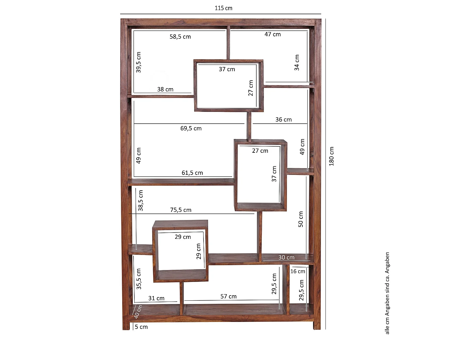 Bücherregal Massiv-Holz 115 x 180cm Wohnzimmer-Regal Landhaus Standregal