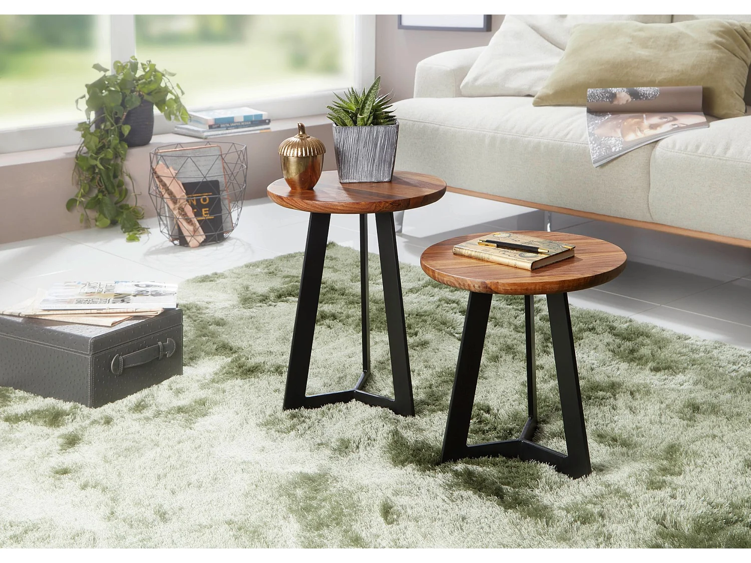 Beistelltische 2-teilig Sheesham Metall Holz-Satztisch Industrial Hocker