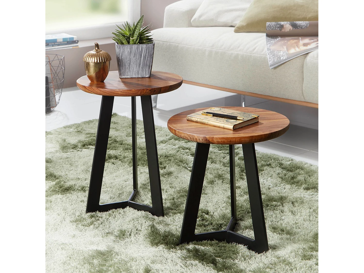 Beistelltische 2-teilig Sheesham Metall Holz-Satztisch Industrial Hocker