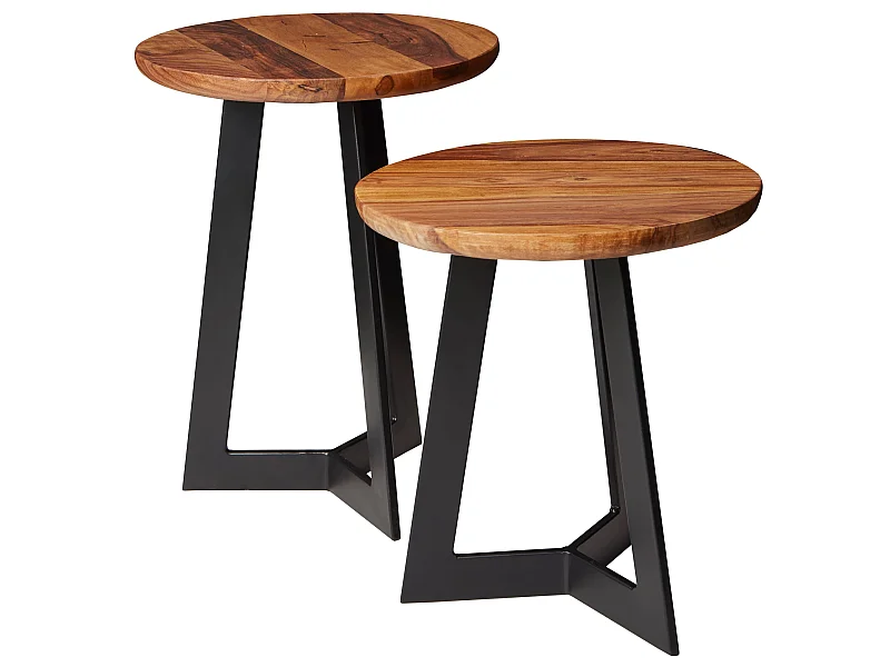 Beistelltische 2-teilig Sheesham Metall Holz-Satztisch Industrial Hocker