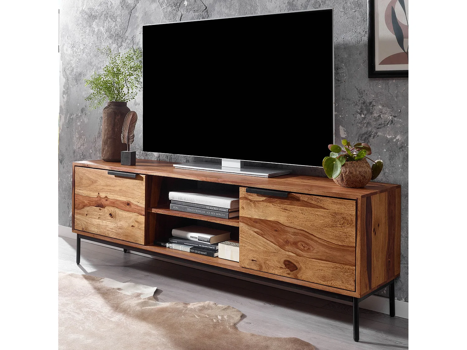 Meuble TV 147 cm Lowboard Rangements Commode TV Bois Massif avec Portes