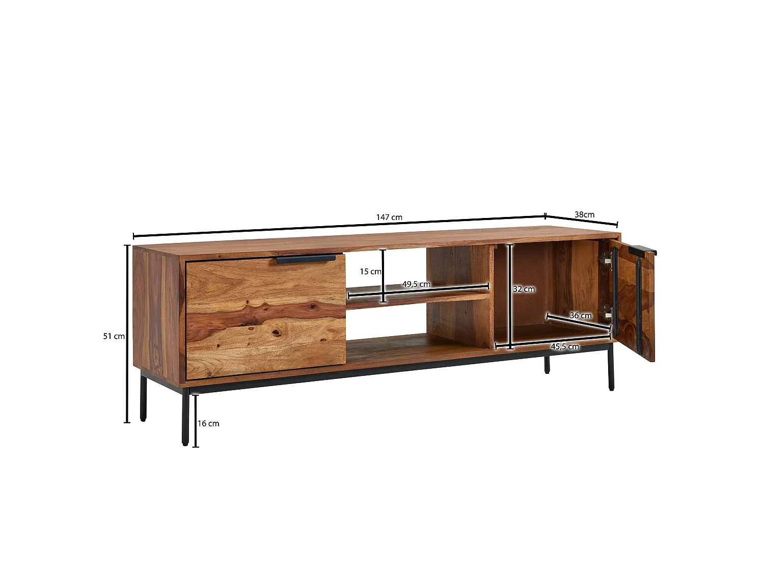 Meuble TV 147 cm Lowboard Rangements Commode TV Bois Massif avec Portes