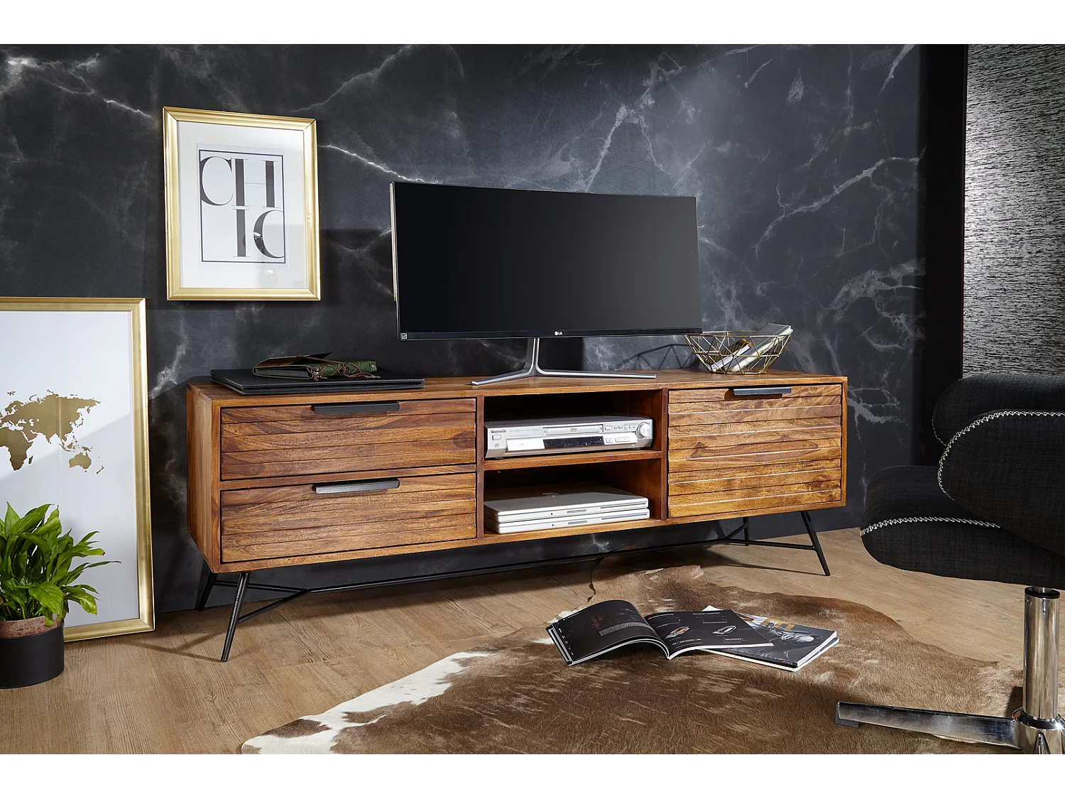 Lowboard Sheesham Massiv Holz Hifi Board Fernsehschrank Wohnzimmer